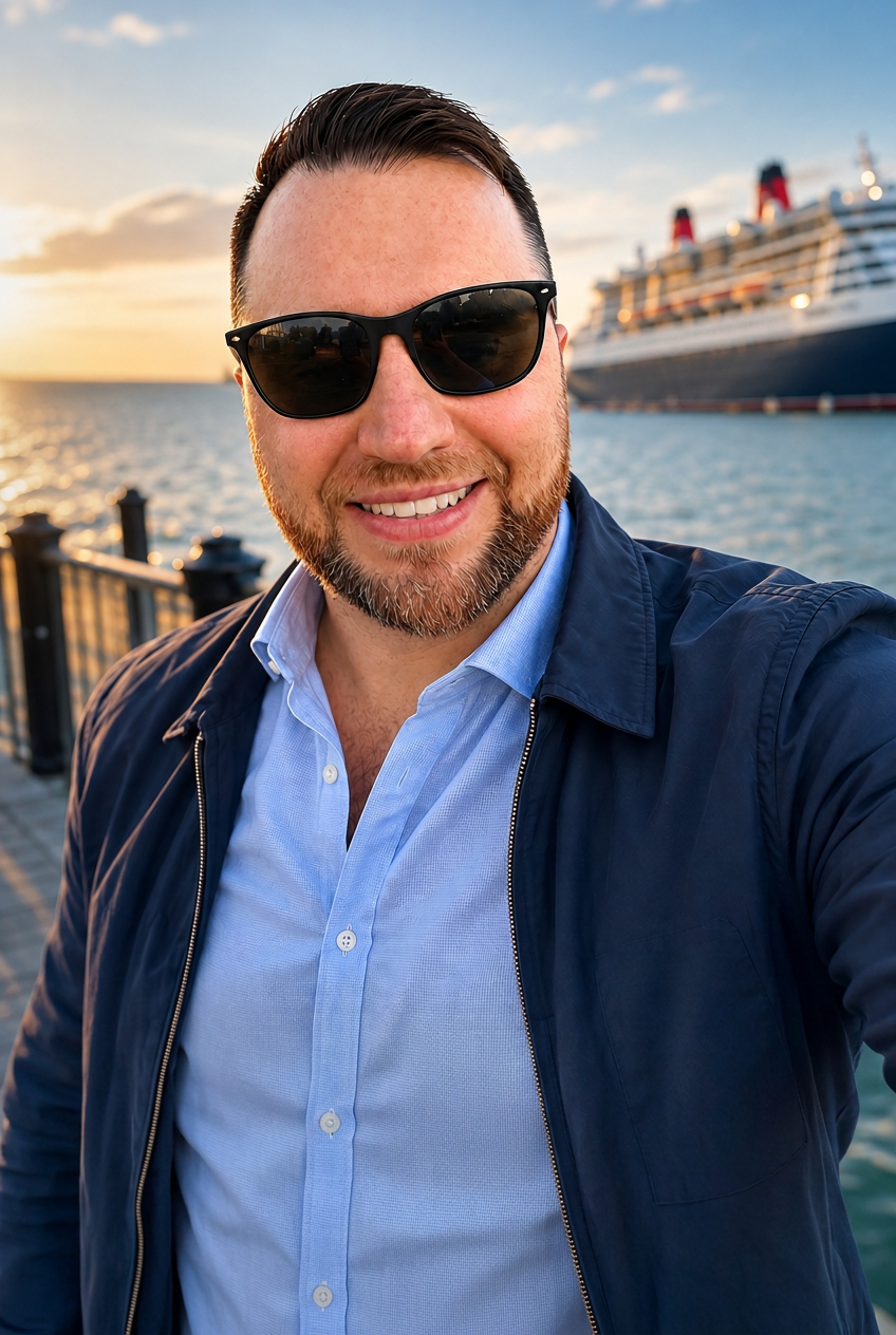 Ross Saunders, founder of Southampton Cruise Days, with a Cunard cruise ship in Southampton at sunset