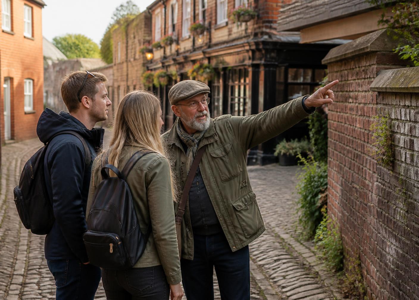 A local host showing two visitors around a cobbled English street