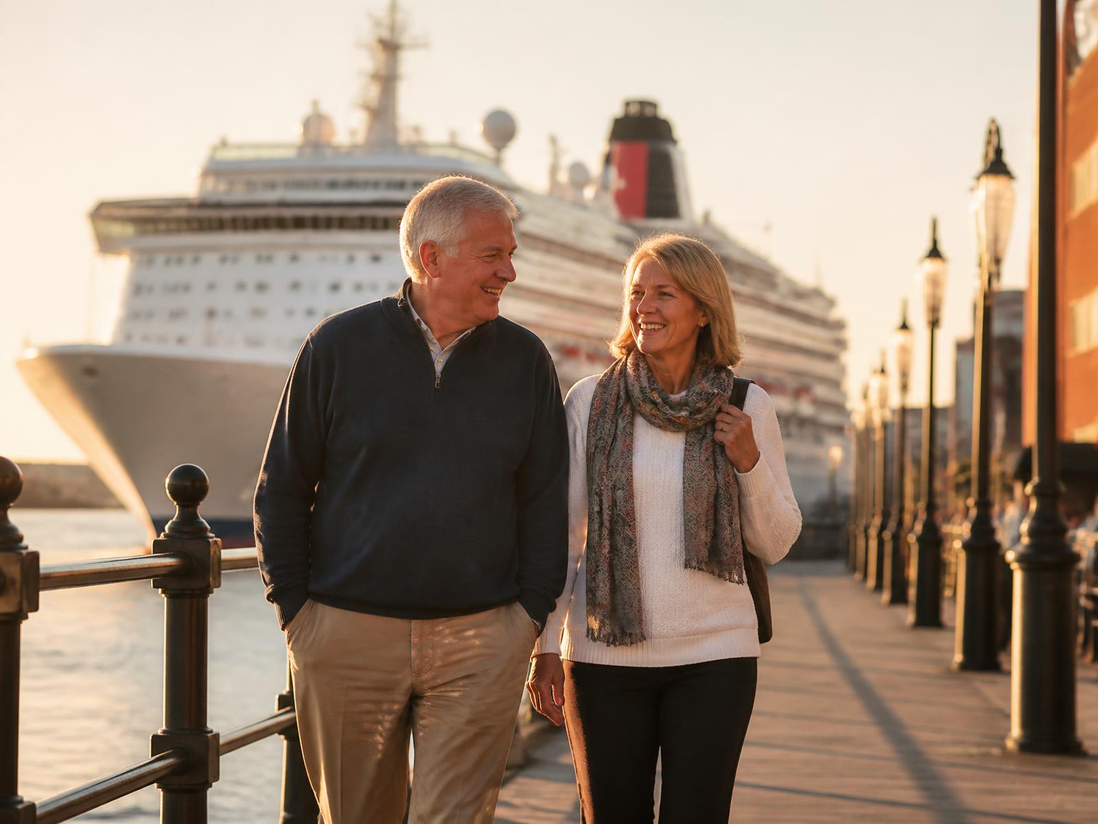 A couple walking along the Southampton waterfront at golden hour with a cruise ship behind them