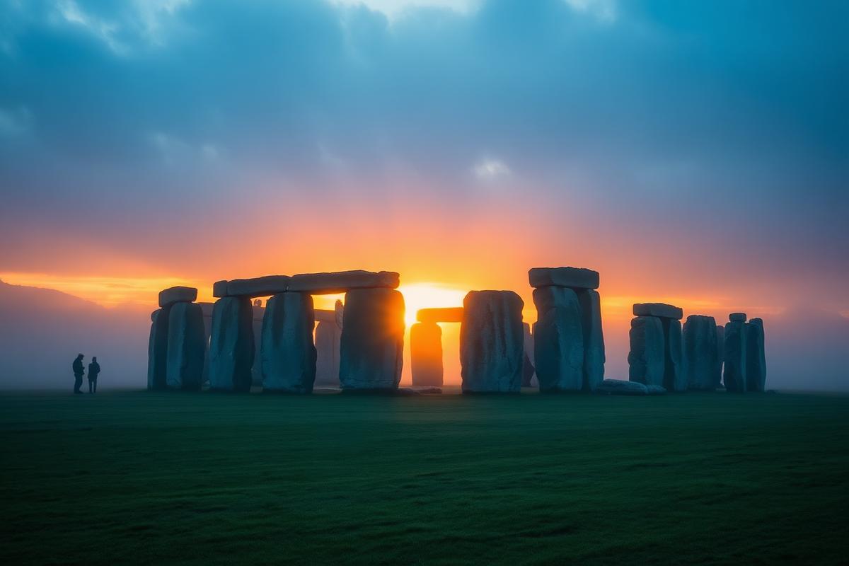 Stonehenge standing stones on Salisbury Plain at sunrise