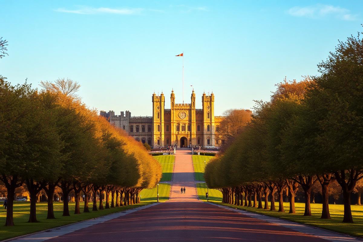Windsor Castle viewed from the Long Walk at golden hour